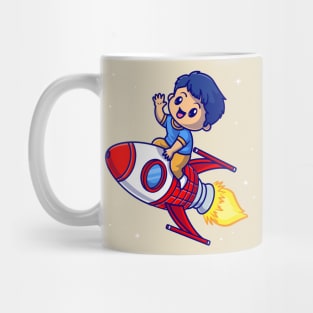 Cute Boy Riding Rocket In Space Cartoon Mug